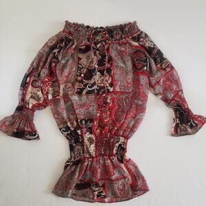 Max Bohemian Off-the-Shoulder Red Black Gray Paisley Sheer Women Blouse XS #12PJ